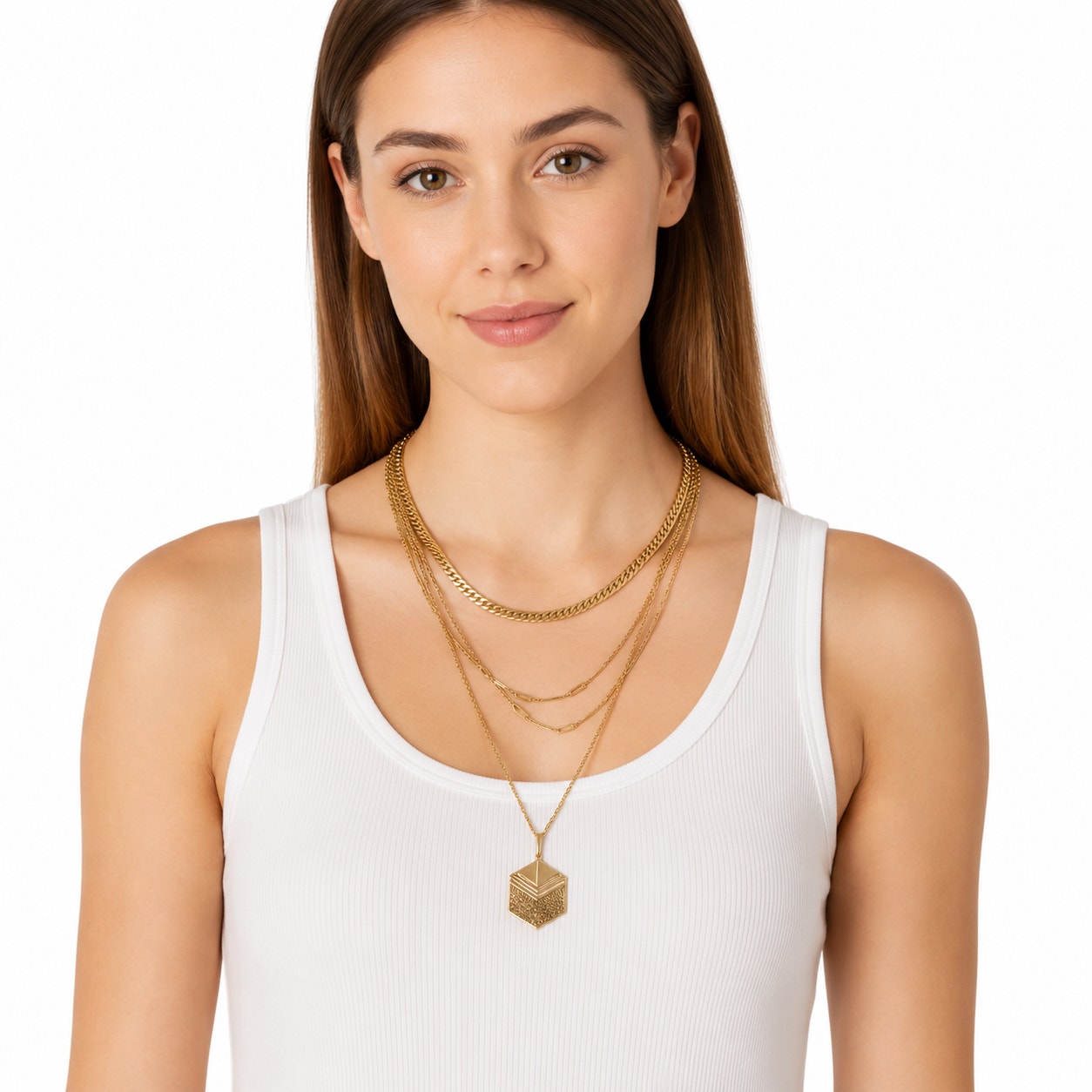 Women's Gold Tone Multi Layer Geometric Medallion Statement Necklace Nwot